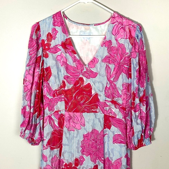 Vineyard Vines Kentucky Derby Seersucker Pink and White Floral Midi Dress size 6 - Picture 9 of 16